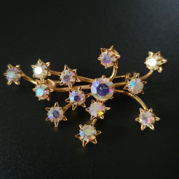 Vintage Austria Crystal Aurora Borealis Starburst Firework Brooch Gold Tone - Picture 2 of 6
